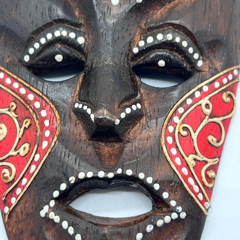 Tiki Mask Hand Carved & Painted Wood Brown Red White Dot Tribal Indonesia Art